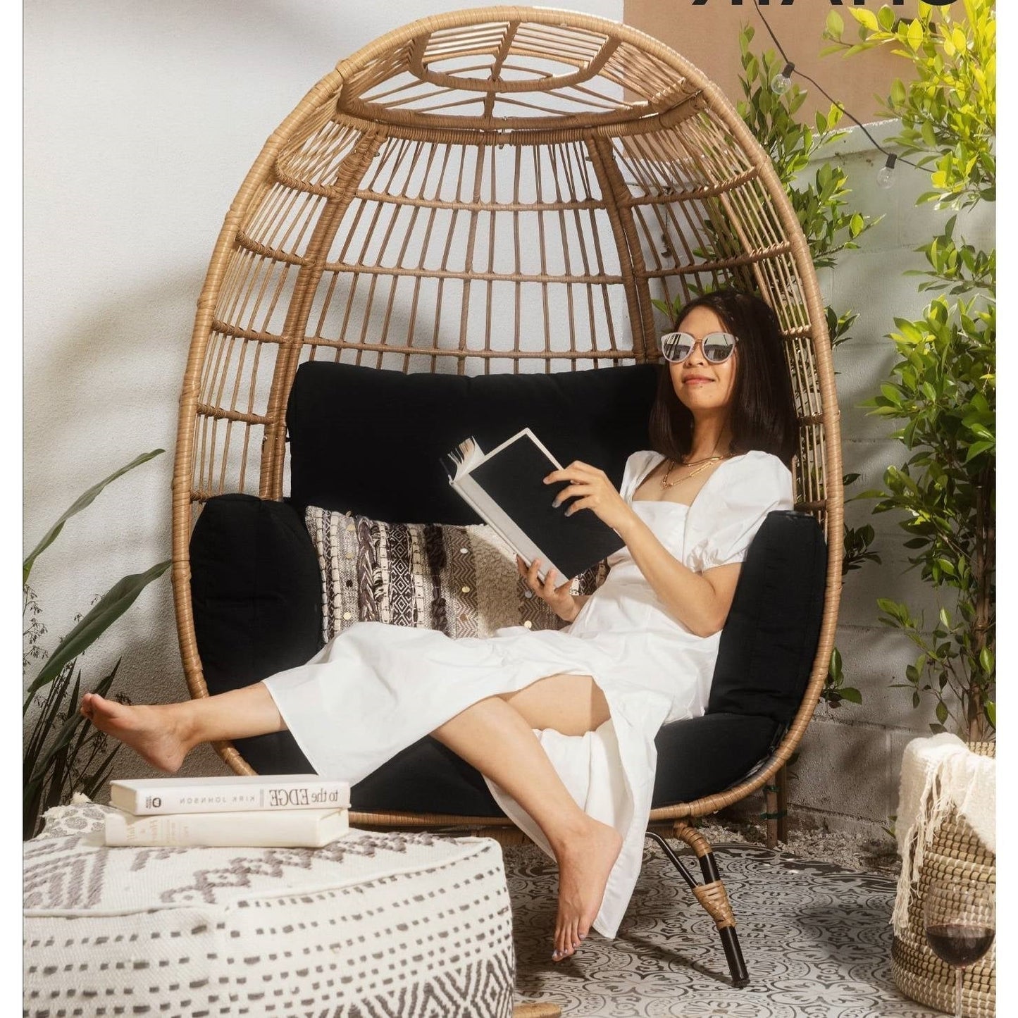 Oversized Patio Lounger Indoor/Outdoor Wicker Egg Chair Black FastFurnishings