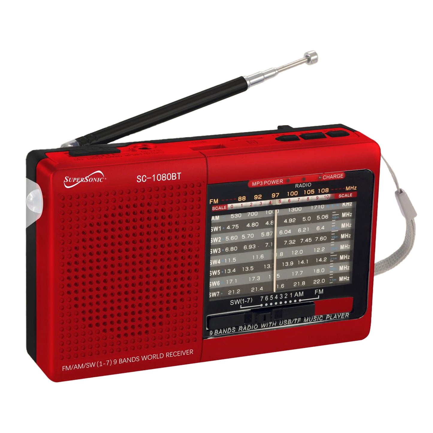 Supersonic 9 Band Radio with Bluetooth in Red W2B