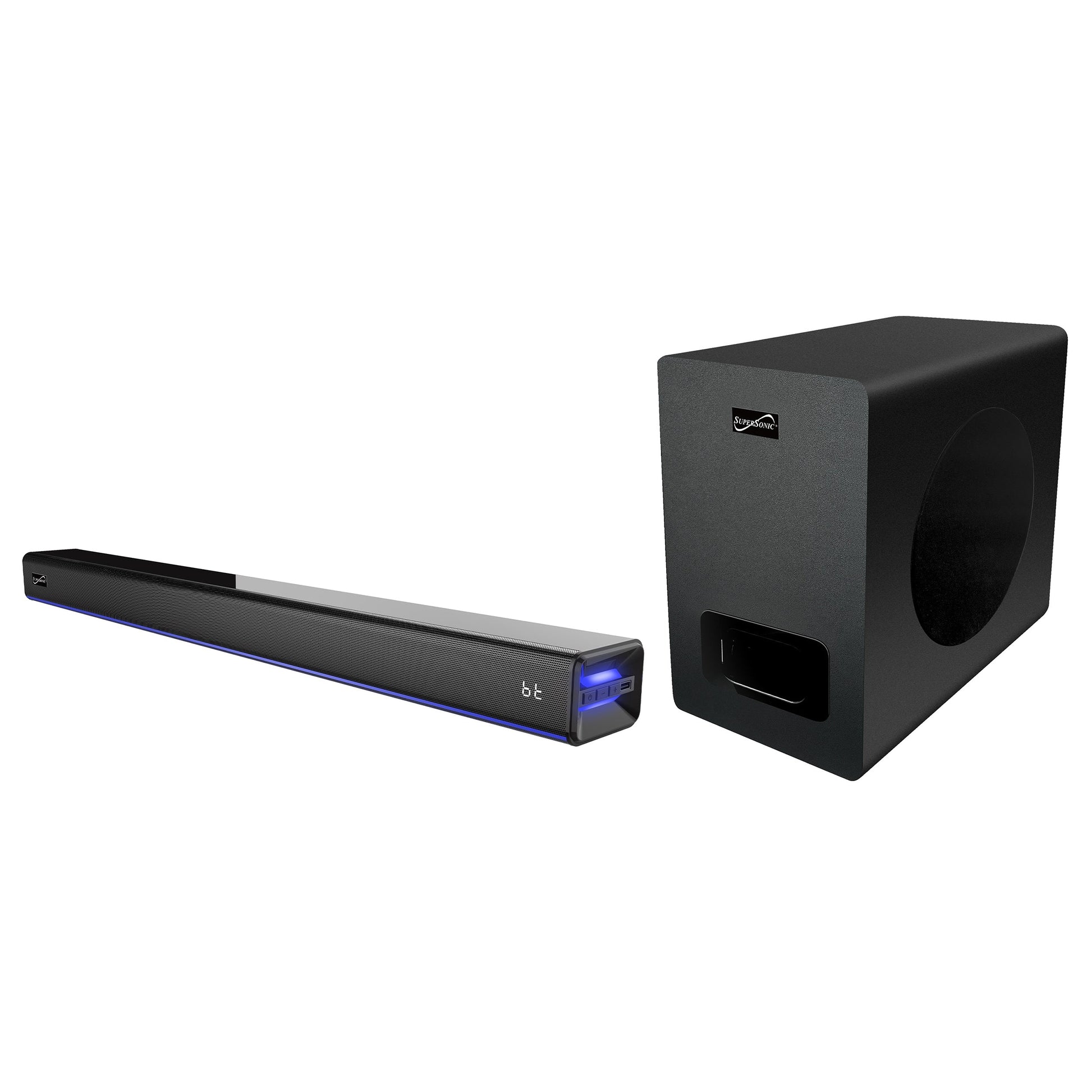 SuperSonic 2.1 Channel Bluetooth Soundbar with Ambient Lighting and Wireless Subwoofer W2B