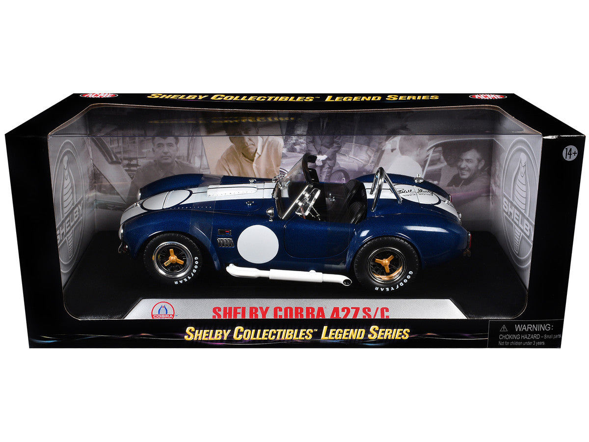 1965 Shelby Cobra 427 S/C Dark Blue Metallic with White Stripes with Printed Carroll Shelby's Signature on the Trunk 1/18 Diecast Model Car by Shelby Collectibles Shelby Collectibles