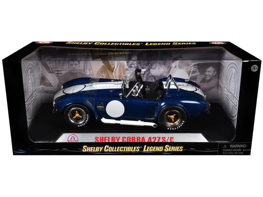1965 Shelby Cobra 427 S/C Dark Blue Metallic with White Stripes with Printed Carroll Shelby's Signature on the Trunk 1/18 Diecast Model Car by Shelby Collectibles Shelby Collectibles