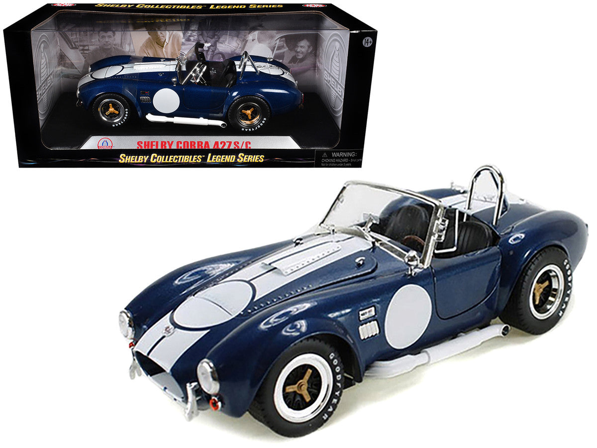 1965 Shelby Cobra 427 S/C Dark Blue Metallic with White Stripes with Printed Carroll Shelby's Signature on the Trunk 1/18 Diecast Model Car by Shelby Collectibles Shelby Collectibles