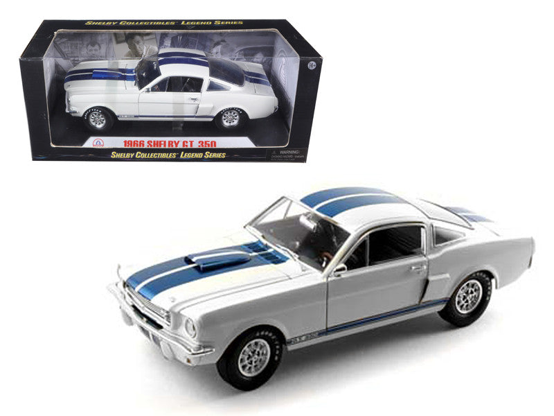 1966 Ford Mustang Shelby GT350 White with Blue Stripes 1/18 Diecast Model Car by Shelby Collectibles-0