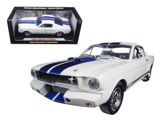 1965 Ford Mustang Shelby GT350R White with Blue Stripes and Printed Carroll Shelby's Signature on the Roof 1/18 Diecast Model Car by Shelby Collectibles Shelby Collectibles
