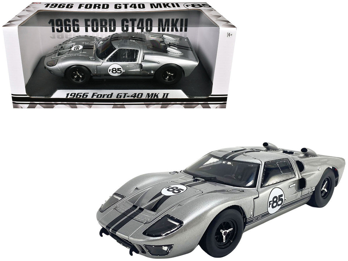 1966 Ford GT-40 MKII #F85 Silver Metallic with Black Stripes 1/18 Diecast Model Car by ACME-3