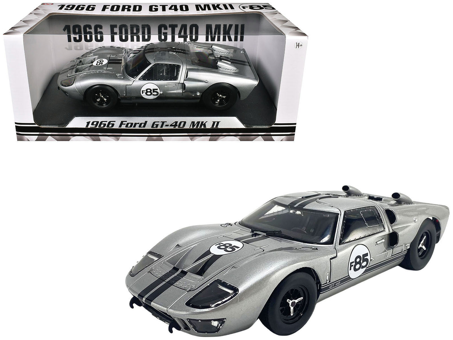 1966 Ford GT-40 MKII #F85 Silver Metallic with Black Stripes 1/18 Diecast Model Car by ACME