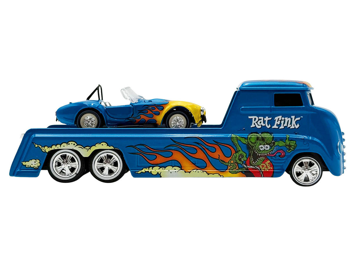 Shelby Cobra Super Snake Blue Metallic with Flames and Custom "Rat Fink" Hauler Blue Metallic with Flames and Graphics 1/64 Diecast Model Cars by ACME Acme