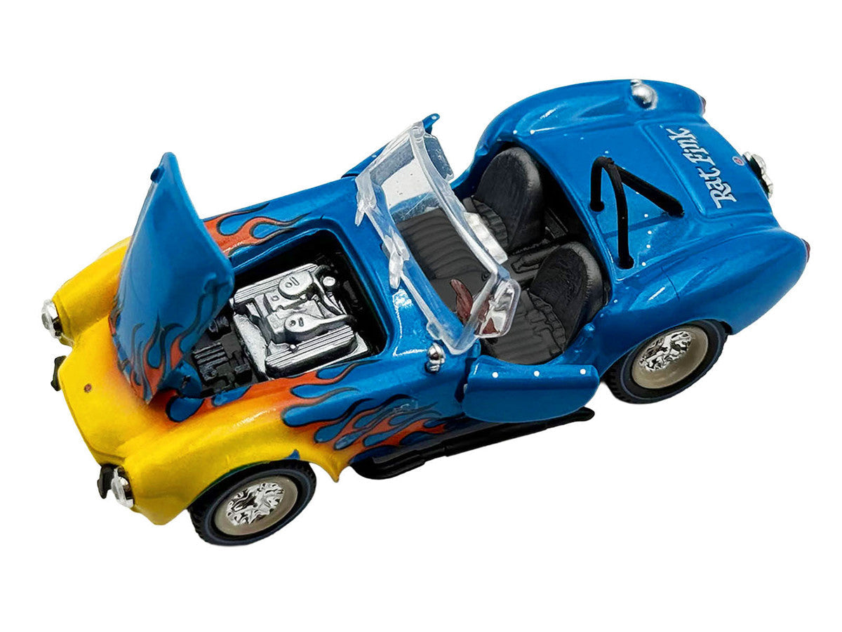 Shelby Cobra Super Snake Blue Metallic with Flames and Custom "Rat Fink" Hauler Blue Metallic with Flames and Graphics 1/64 Diecast Model Cars by ACME Acme