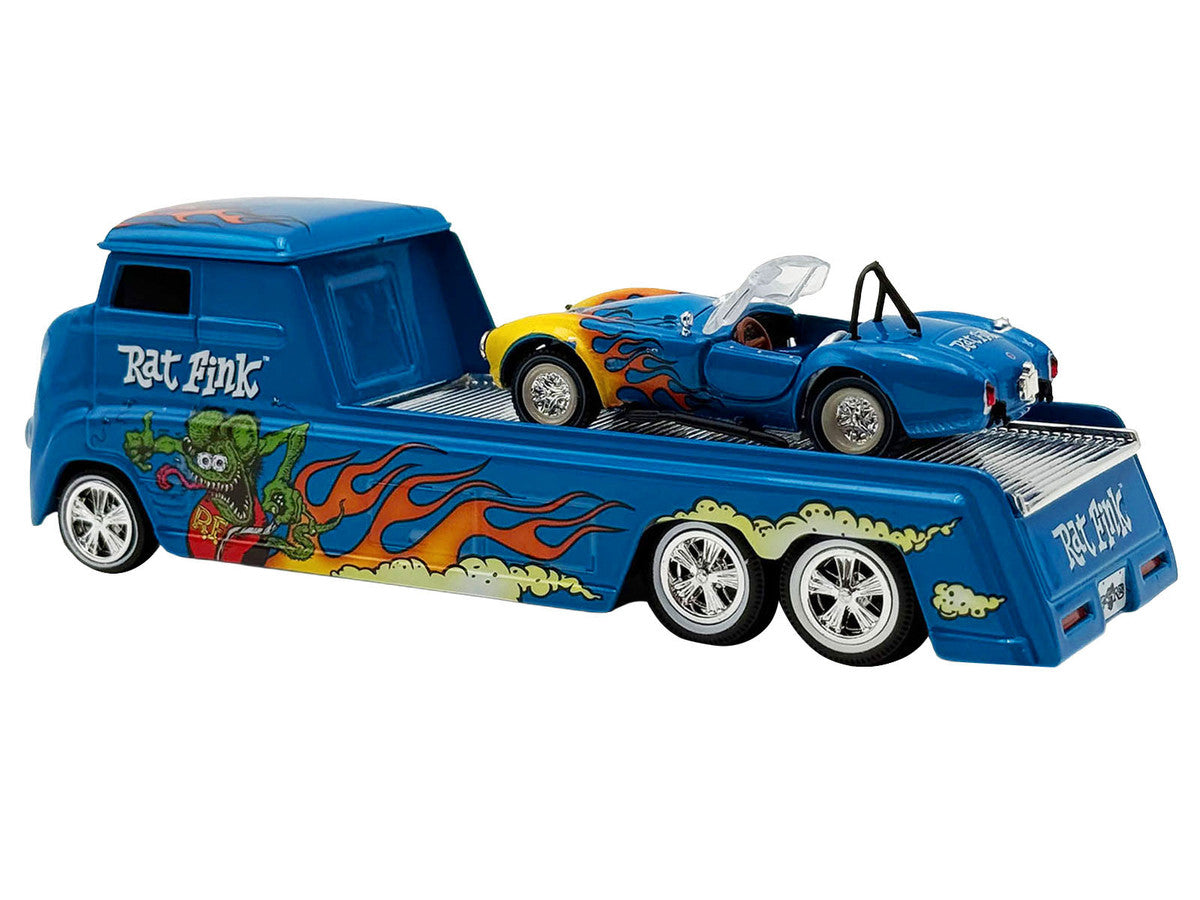 Shelby Cobra Super Snake Blue Metallic with Flames and Custom "Rat Fink" Hauler Blue Metallic with Flames and Graphics 1/64 Diecast Model Cars by ACME Acme