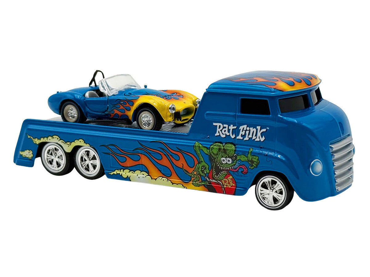 Shelby Cobra Super Snake Blue Metallic with Flames and Custom "Rat Fink" Hauler Blue Metallic with Flames and Graphics 1/64 Diecast Model Cars by ACME Acme