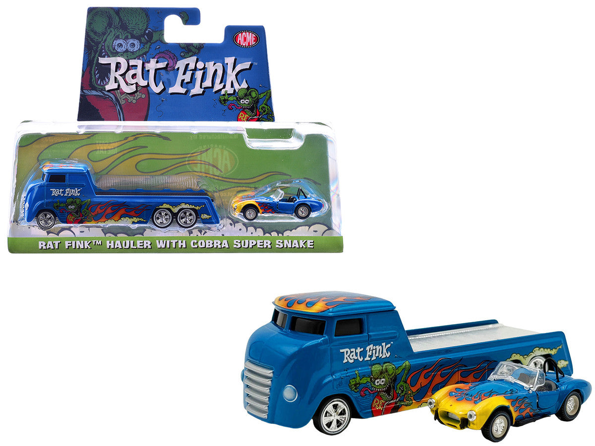 Shelby Cobra Super Snake Blue Metallic with Flames and Custom "Rat Fink" Hauler Blue Metallic with Flames and Graphics 1/64 Diecast Model Cars by ACME Acme