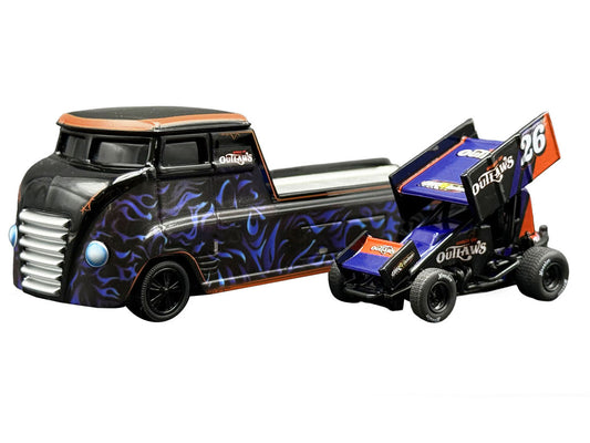 "World Of Outlaws 2026" Winged Sprint Car #26 Black with Stripes and Custom Hauler Black with Graphics 1/64 Diecast Model Cars by ACME-0