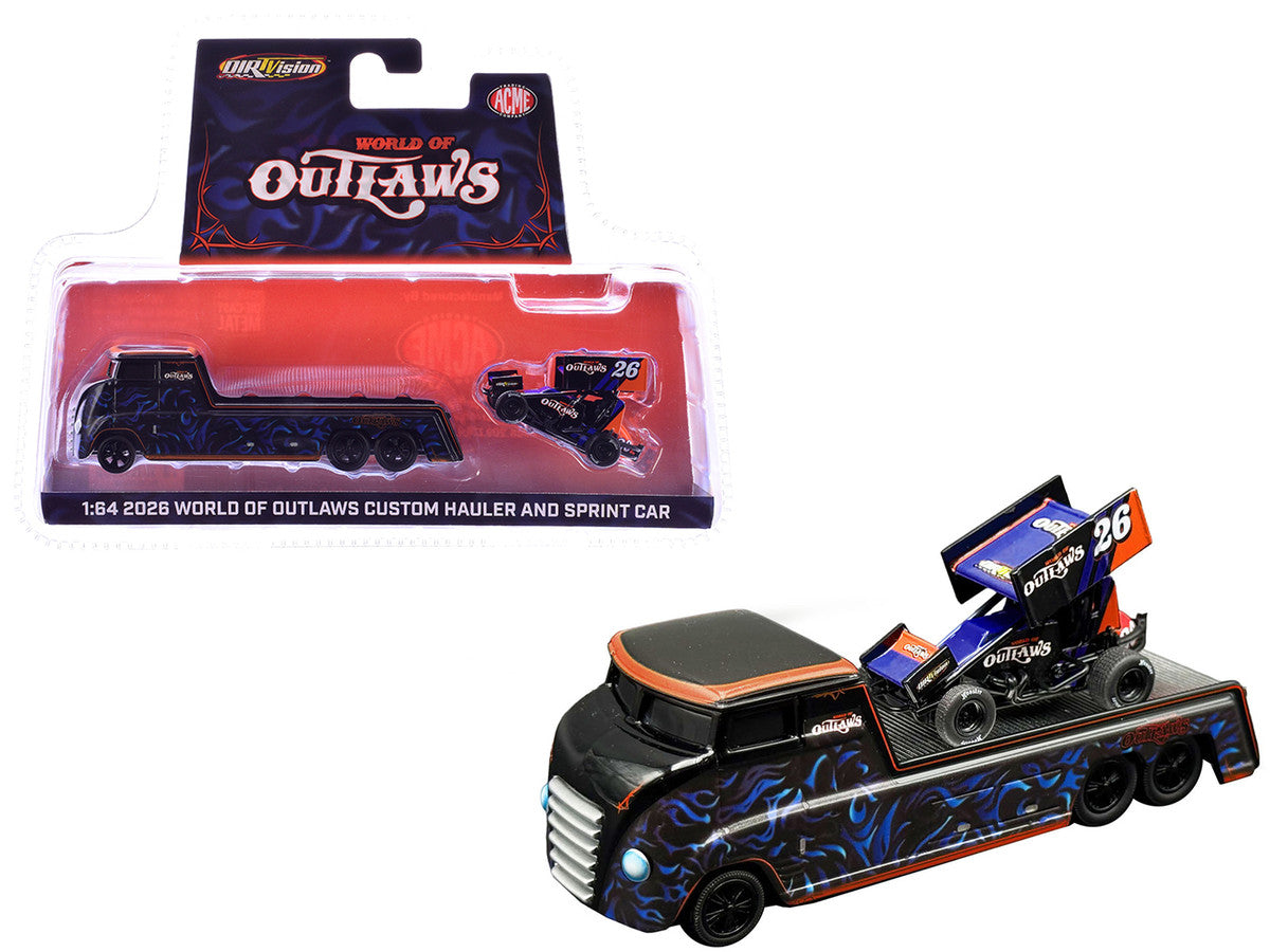 "World Of Outlaws 2026" Winged Sprint Car #26 Black with Stripes and Custom Hauler Black with Graphics 1/64 Diecast Model Cars by ACME-3