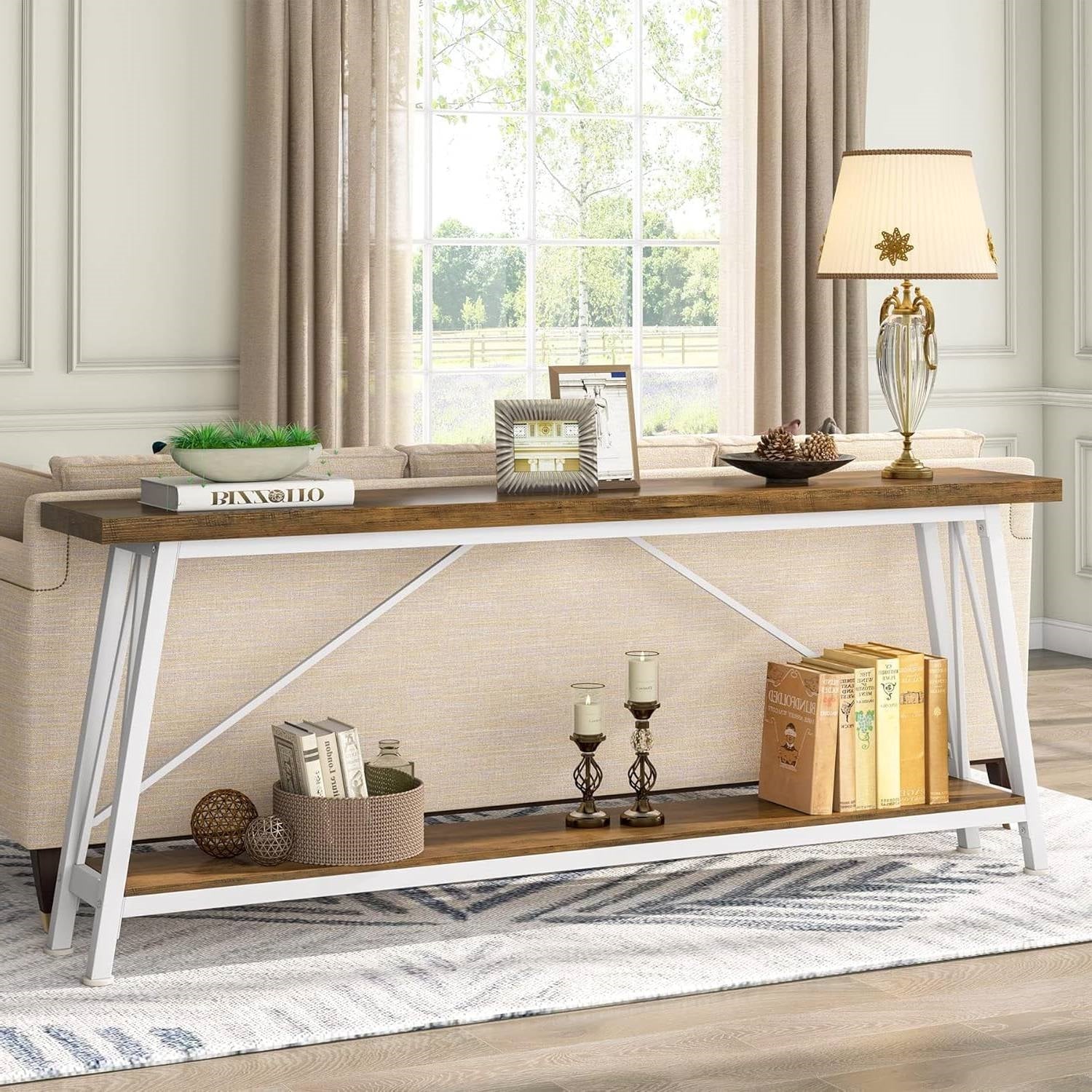 Heavy Duty 70-inch Industrial Brown Wood Top Sofa Table with White Metal Frame-0