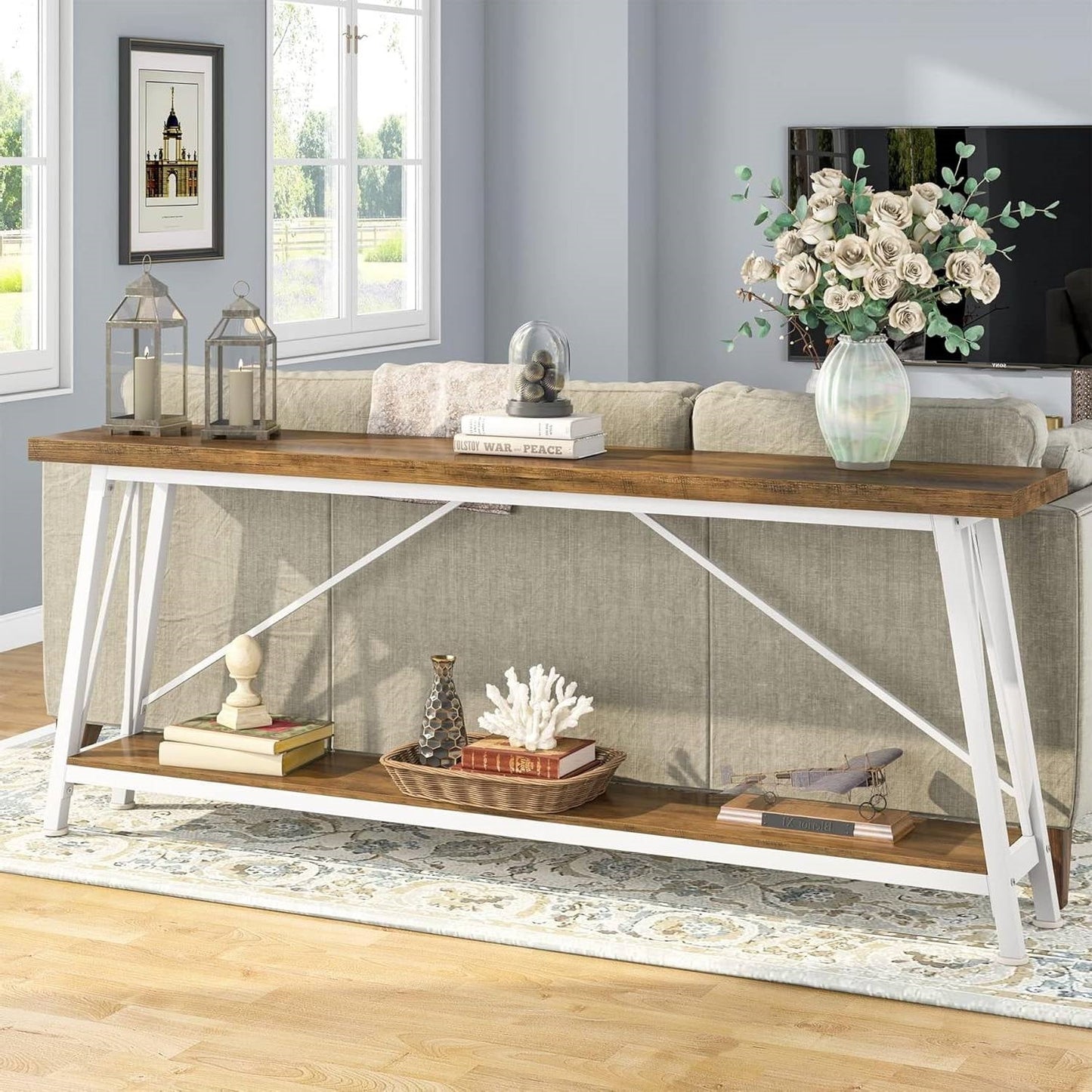 Heavy Duty 70-inch Industrial Brown Wood Top Sofa Table with White Metal Frame-1