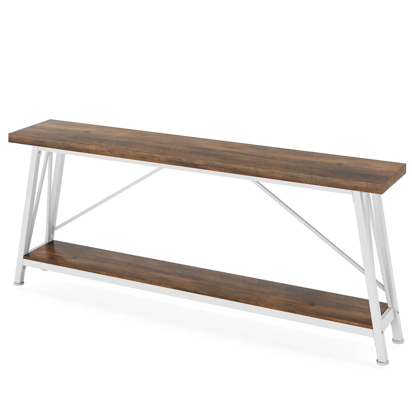 Heavy Duty 70-inch Industrial Brown Wood Top Sofa Table with White Metal Frame-2