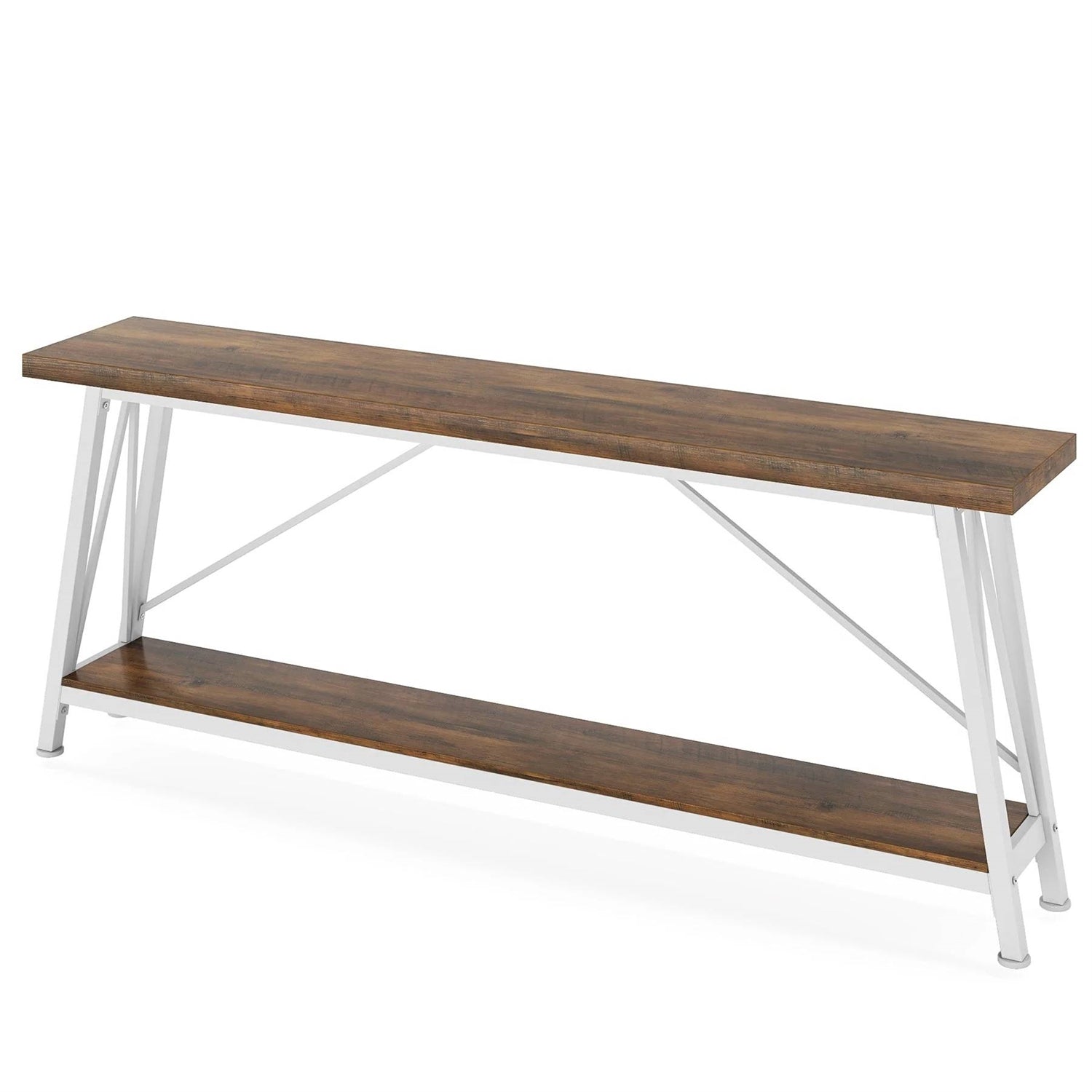 Heavy Duty 70-inch Industrial Brown Wood Top Sofa Table with White Metal Frame-2