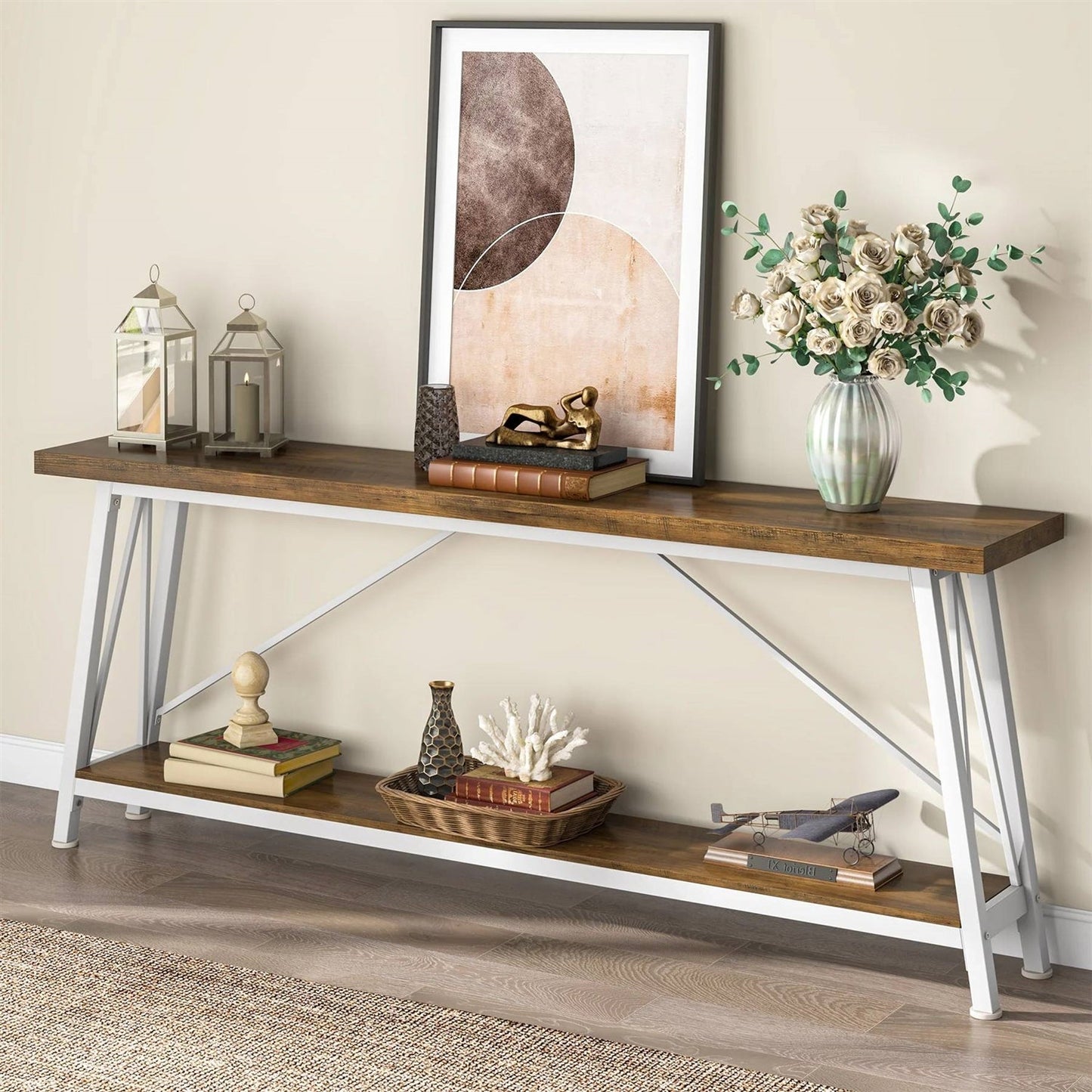 Heavy Duty 70-inch Industrial Brown Wood Top Sofa Table with White Metal Frame-3