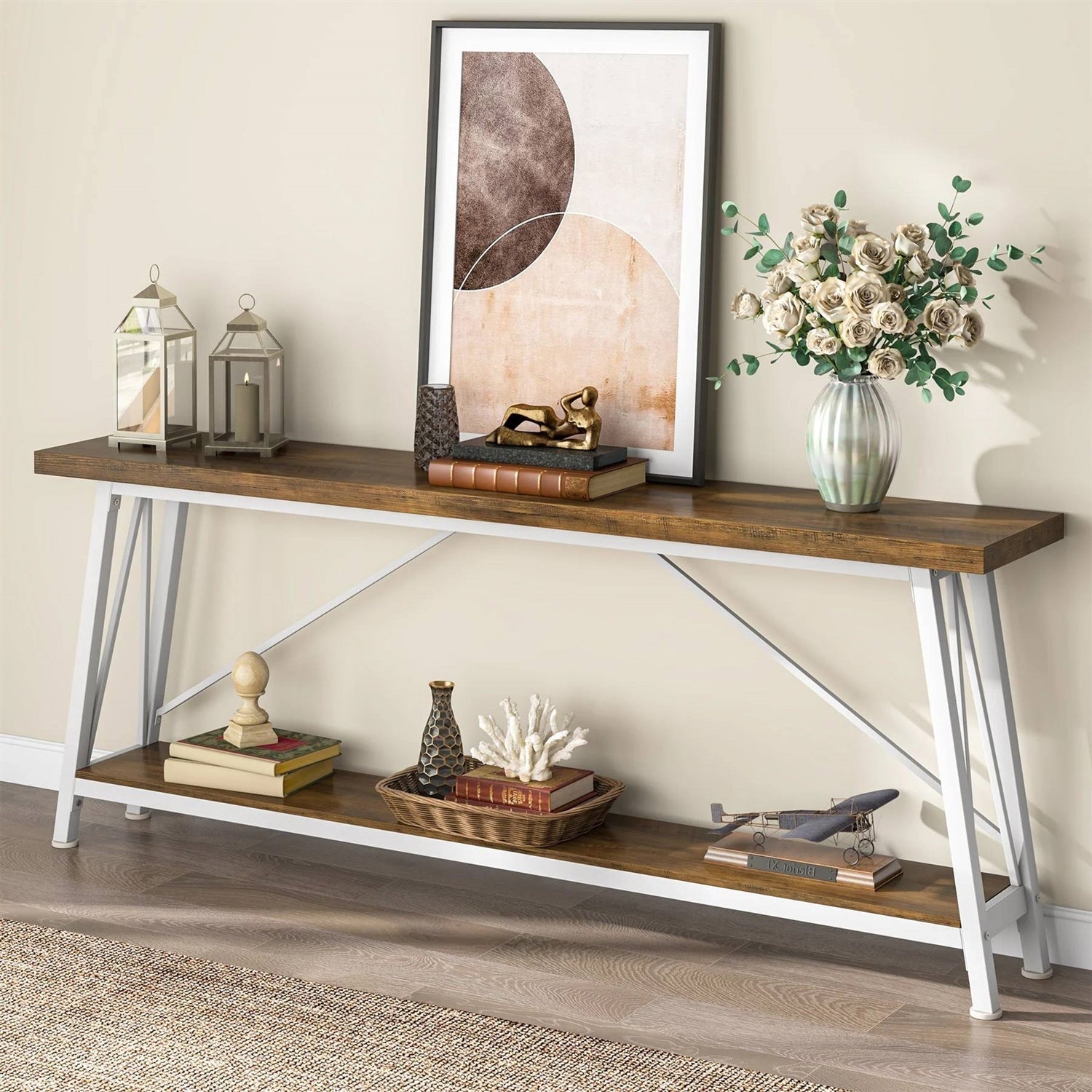 Heavy Duty 70-inch Industrial Brown Wood Top Sofa Table with White Metal Frame-3