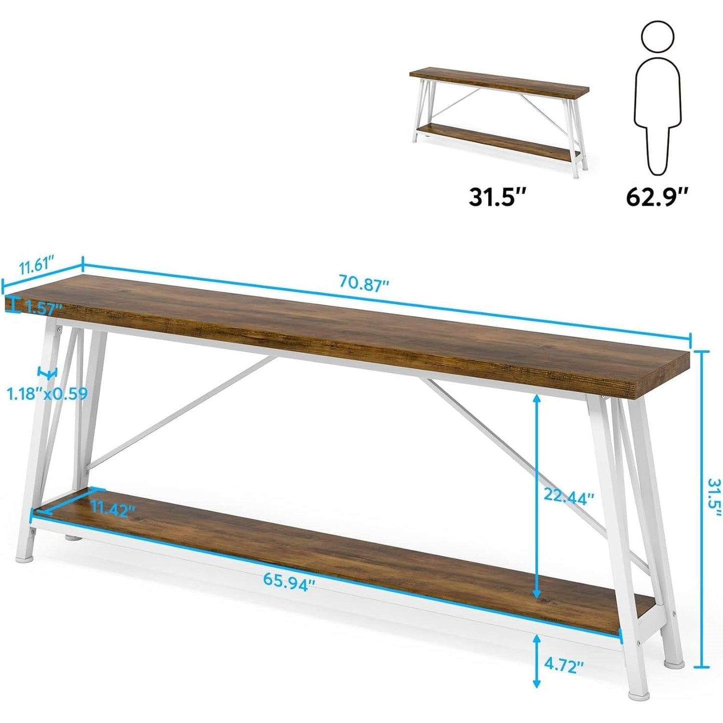 Heavy Duty 70-inch Industrial Brown Wood Top Sofa Table with White Metal Frame-4