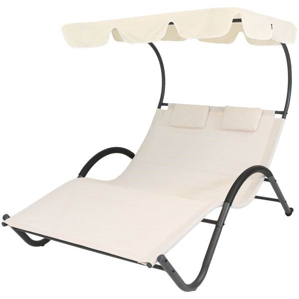 2 Person Off White Outdoor Patio Chaise Lounger Chair Canopy Bed with Pillows FastFurnishings