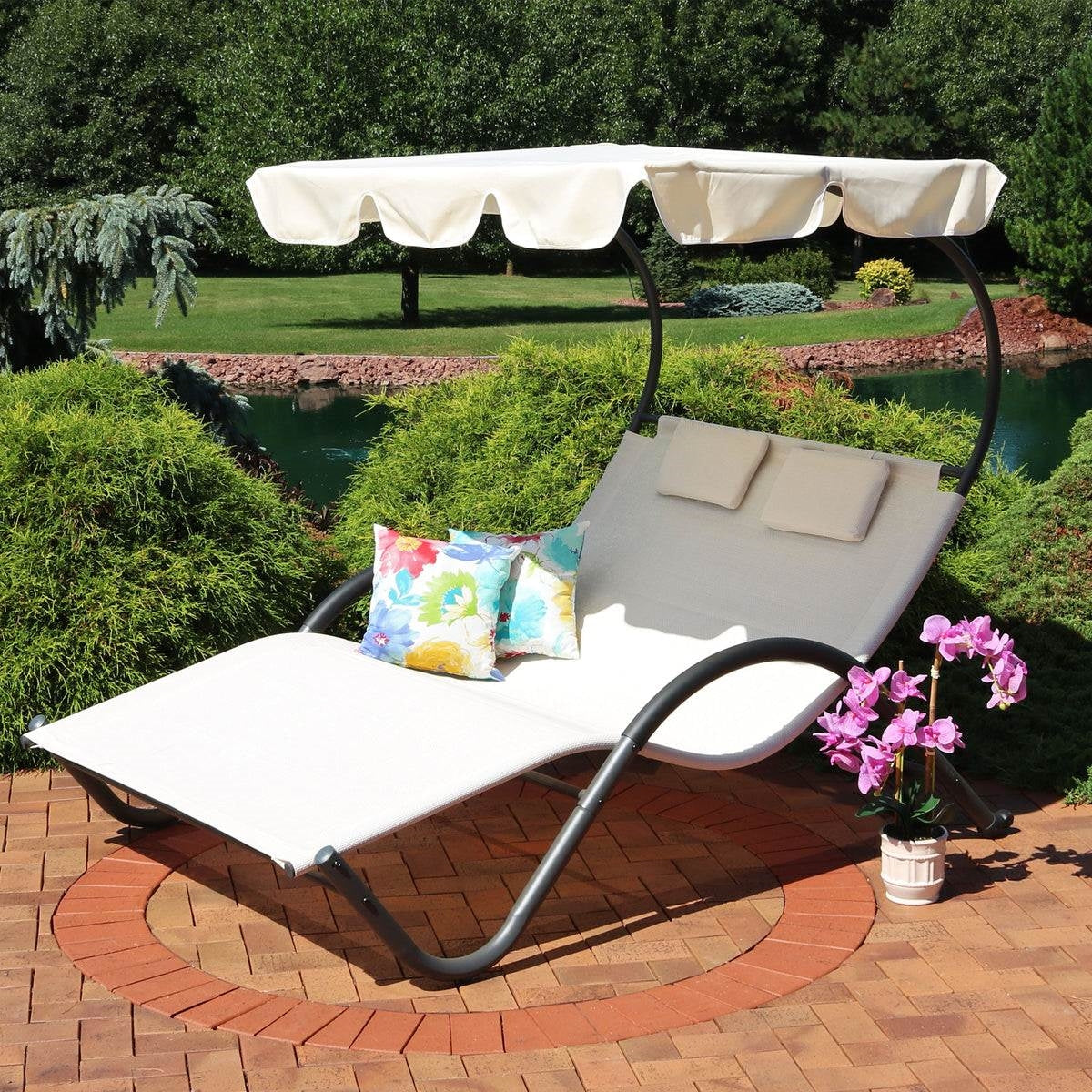 2 Person Off White Outdoor Patio Chaise Lounger Chair Canopy Bed with Pillows FastFurnishings