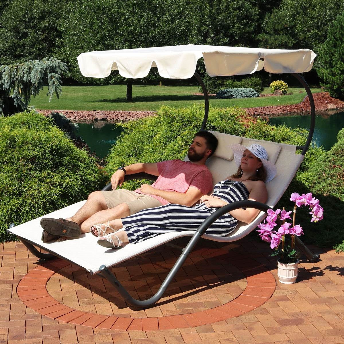 2 Person Off White Outdoor Patio Chaise Lounger Chair Canopy Bed with Pillows FastFurnishings