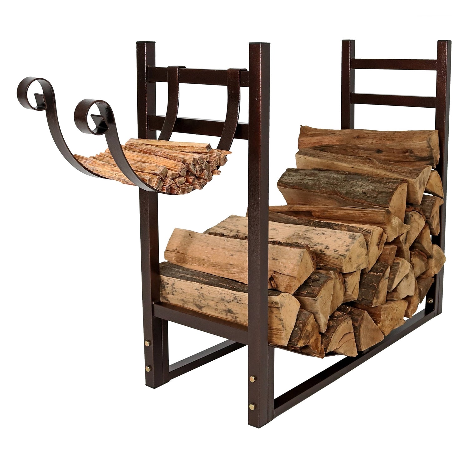 Bronze Metal Indoor/Outdoor Firewood Log Rack with Removeable Kindle Holder FastFurnishings