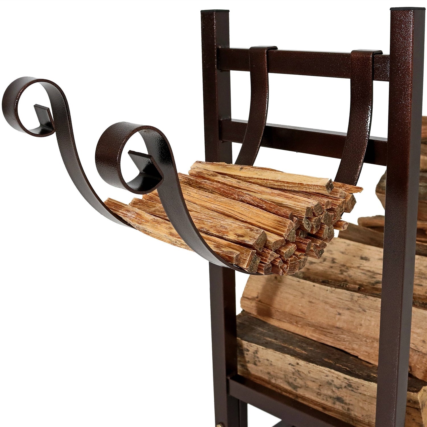 Bronze Metal Indoor/Outdoor Firewood Log Rack with Removeable Kindle Holder FastFurnishings