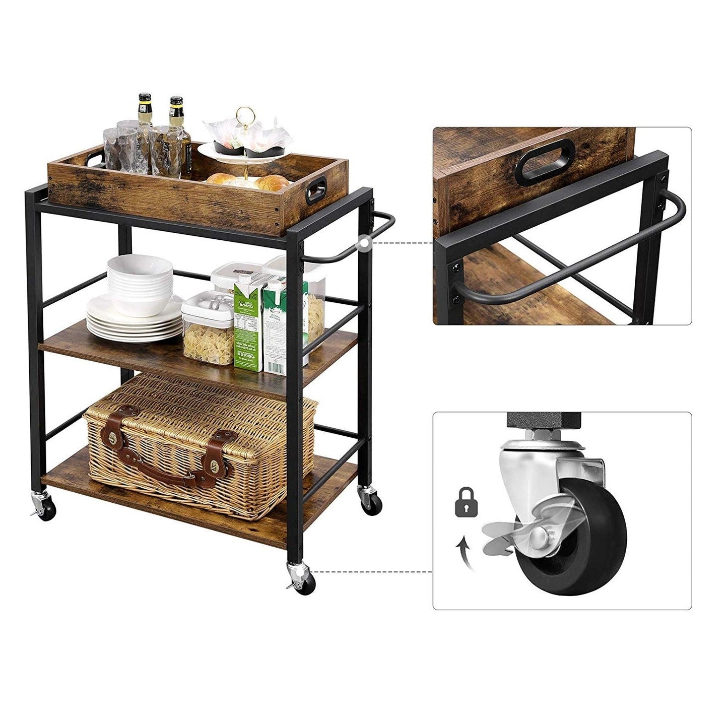 Farmhouse 3-Tier Kitchen Microwave Cart with Serving Tray on Wheels-2