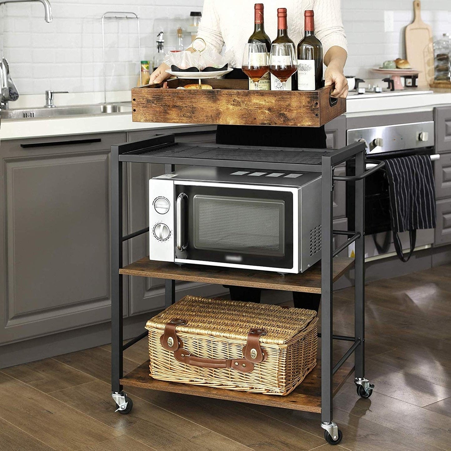 Farmhouse 3-Tier Kitchen Microwave Cart with Serving Tray on Wheels-3