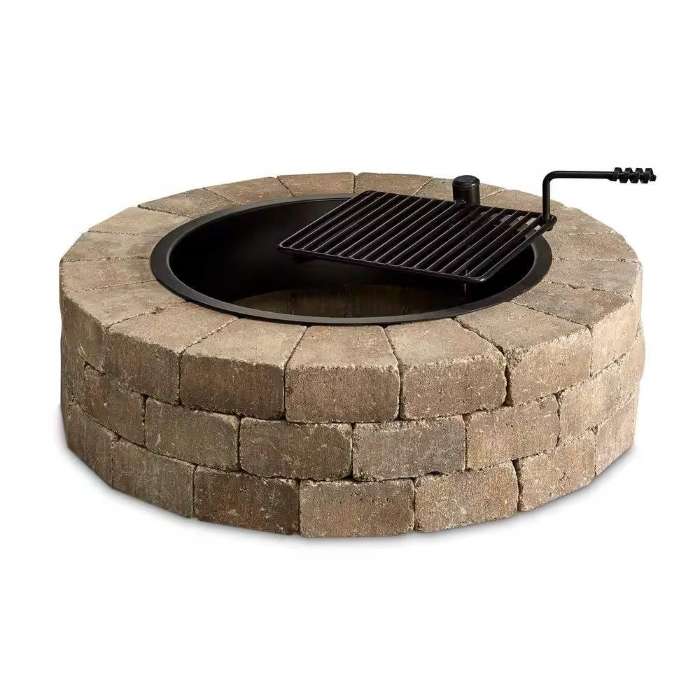 48-in Outdoor Round Concrete Block Stone Fire Pit Kit with Cooking Grill Grate FastFurnishings