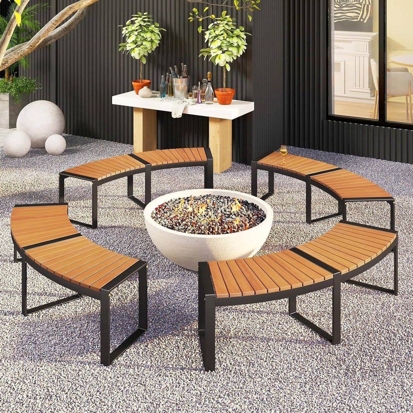 Set of 4 - Round Outdoor Metal Wood Backless Bench - Around Table Tree Fire Pit FastFurnishings