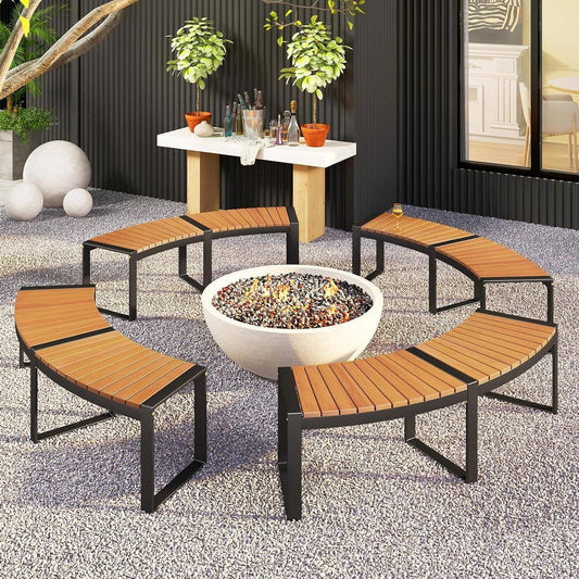 Set of 4 - Round Outdoor Metal Wood Backless Bench - Around Table Tree Fire Pit FastFurnishings