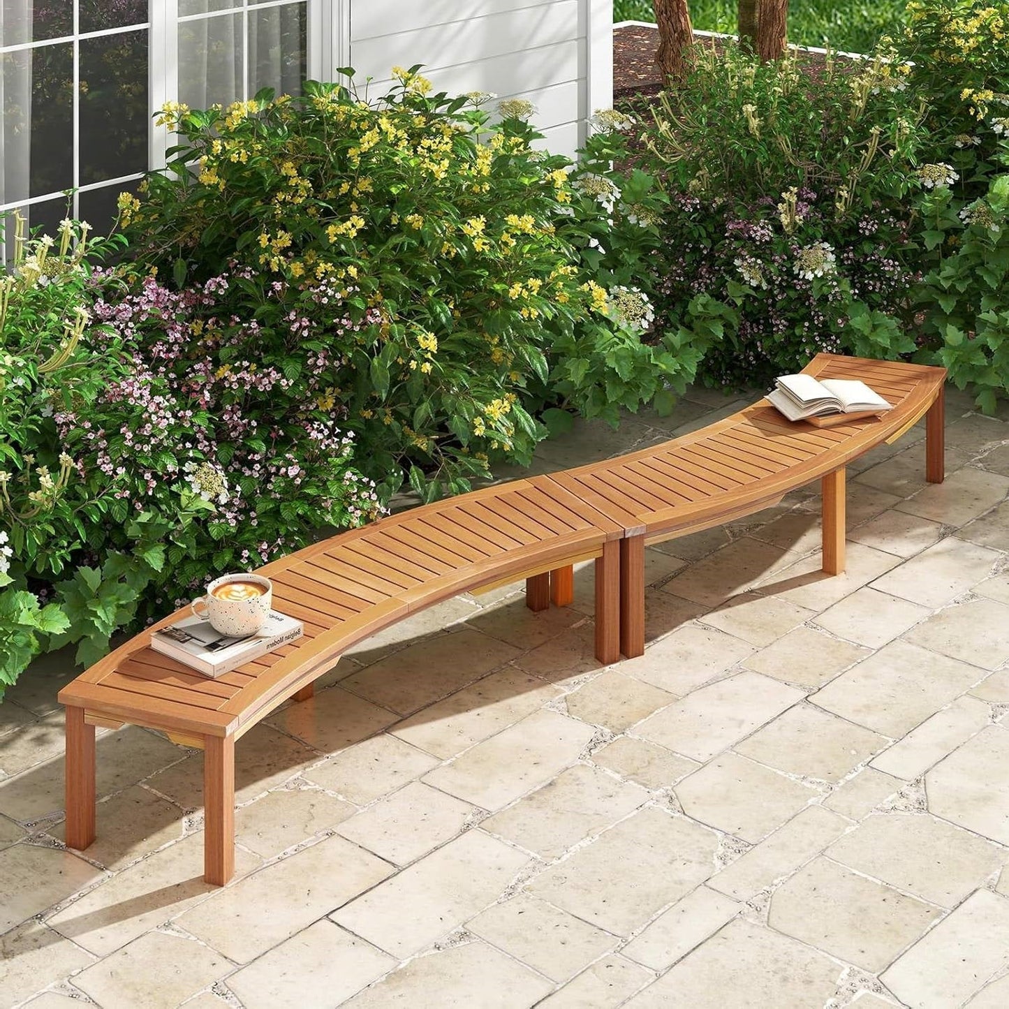 Set of 4 - Outdoor Curved Backless Garden Bench - Around Tree Table or Fire Pit FastFurnishings