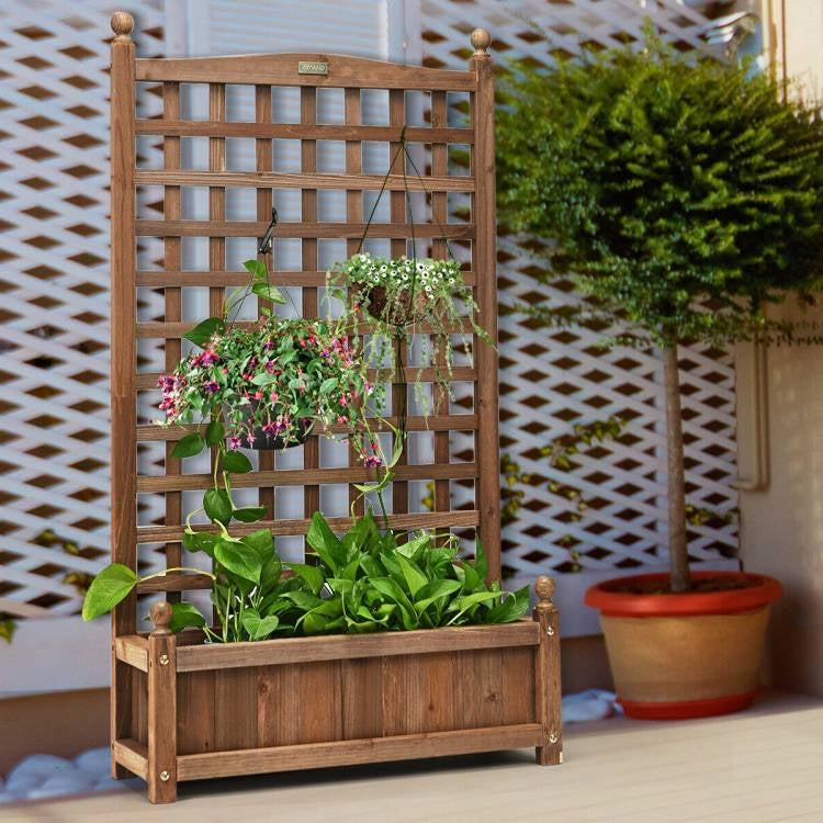 Solid Wood Farmhouse Garden Planter Box with 48-inch High Trellis FastFurnishings