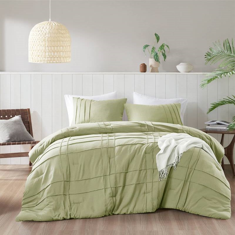 Queen size Microfiber Pleated Lightweight Soft Comforter Set in Sage Green-1