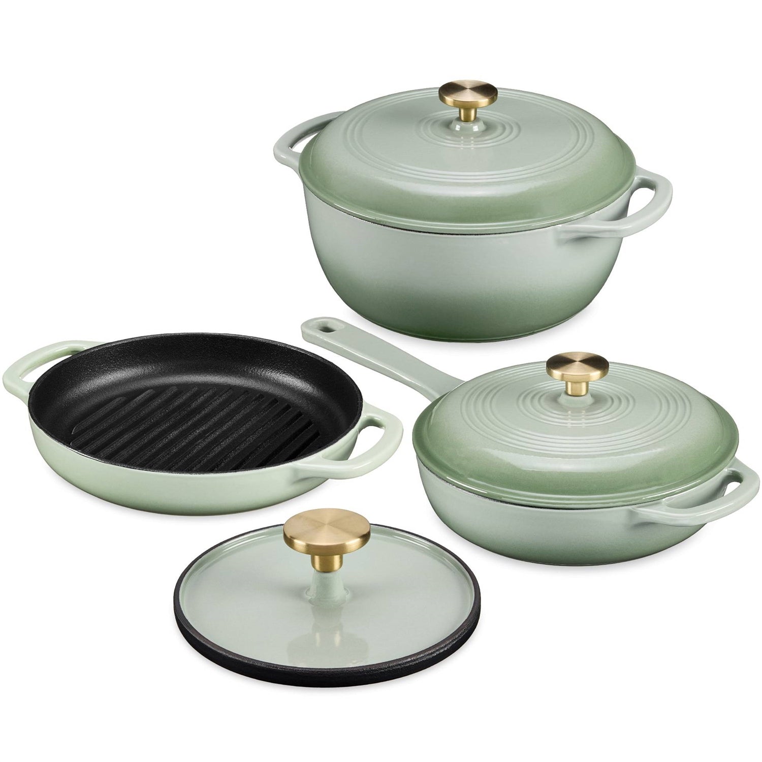 Sage 6-Piece Non-Stick Cast Iron Cookware Set - Skillet Grill Pan Dutch Oven FastFurnishings