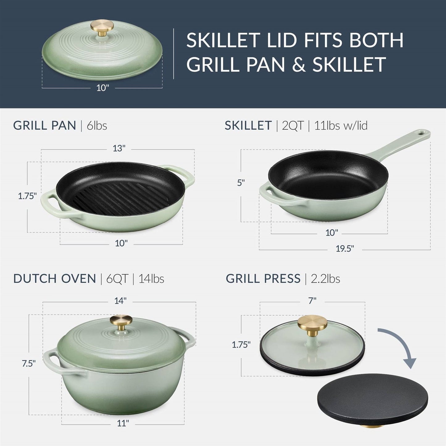Sage 6-Piece Non-Stick Cast Iron Cookware Set - Skillet Grill Pan Dutch Oven FastFurnishings