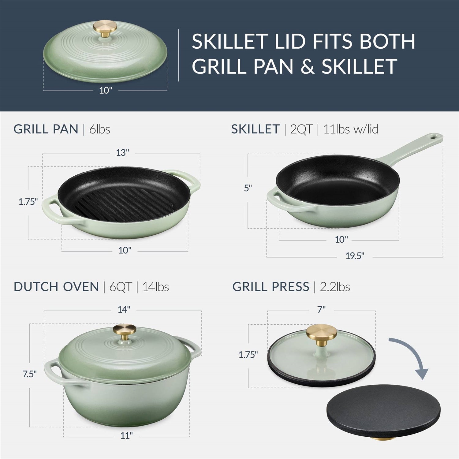 Sage 6-Piece Non-Stick Cast Iron Cookware Set - Skillet Grill Pan Dutch Oven FastFurnishings