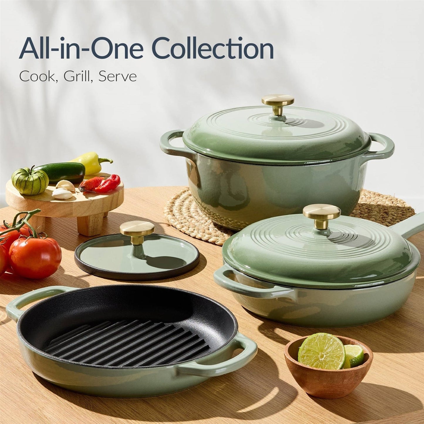 Sage 6-Piece Non-Stick Cast Iron Cookware Set - Skillet Grill Pan Dutch Oven FastFurnishings
