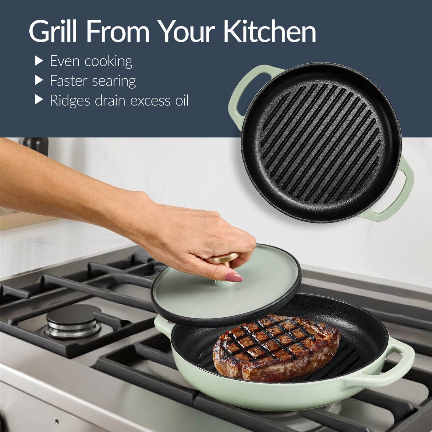 Sage 6-Piece Non-Stick Cast Iron Cookware Set - Skillet Grill Pan Dutch Oven FastFurnishings