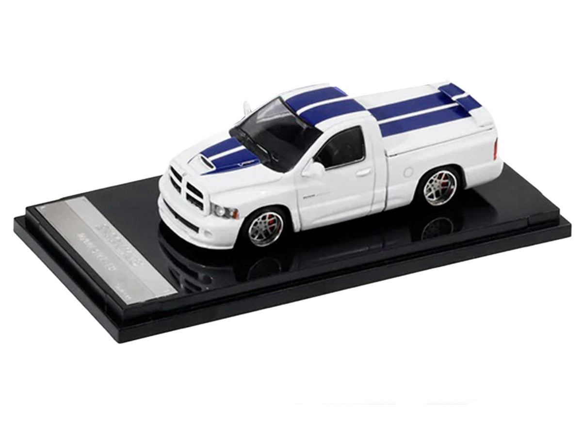 2003 Dodge Ram SRT-10 Pickup Truck White with Blue Stripes 1/64 Diecast Model Car by Shoom64 Models-0