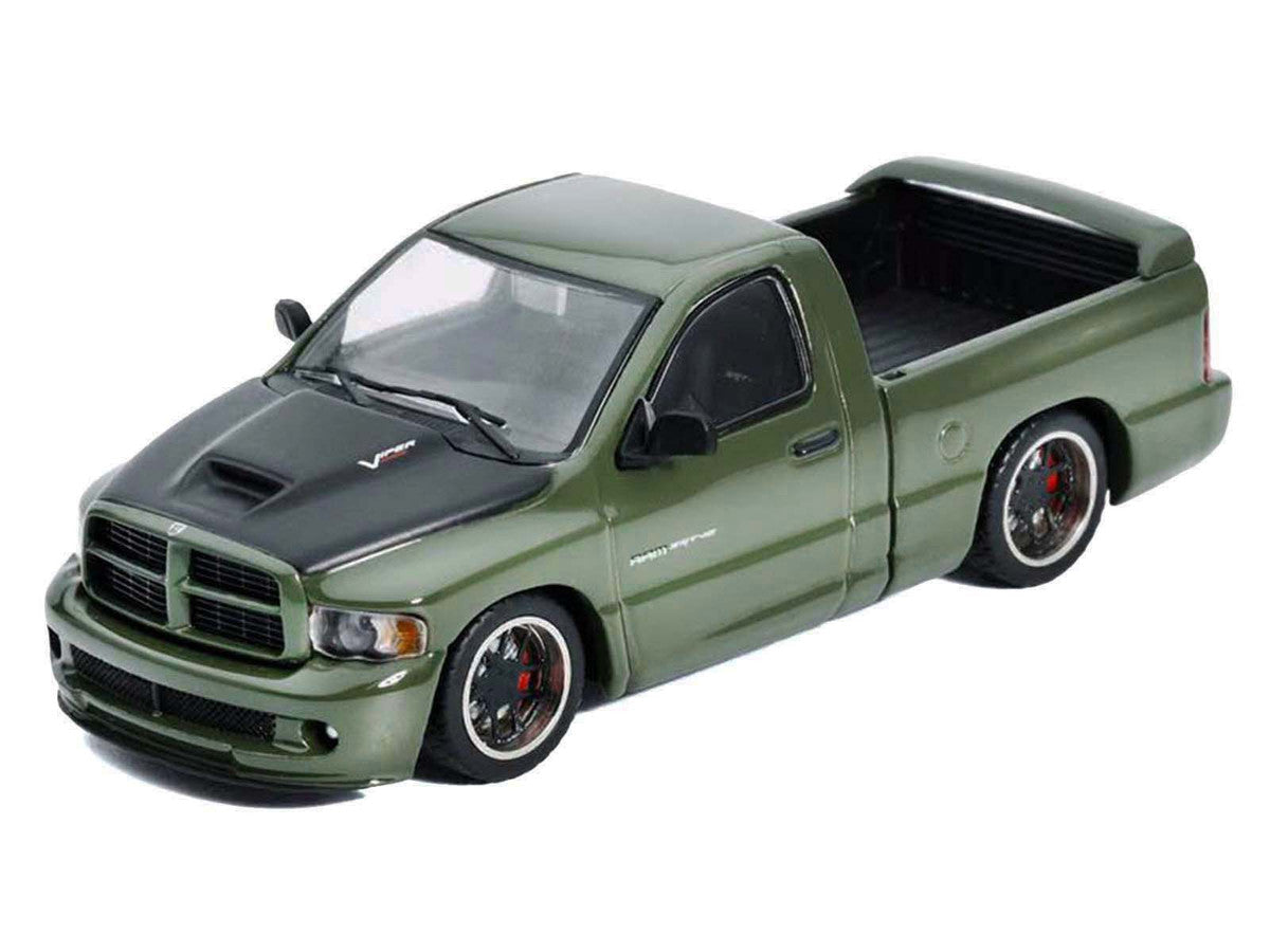 2003 Dodge Ram SRT-10 Pickup Truck Green Metallic with Matt Black Hood 1/64 Diecast Model Car by Shoom64 Models SHOOM64