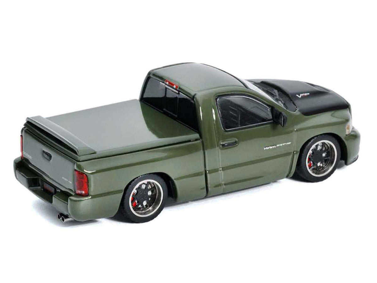 2003 Dodge Ram SRT-10 Pickup Truck Green Metallic with Matt Black Hood 1/64 Diecast Model Car by Shoom64 Models SHOOM64