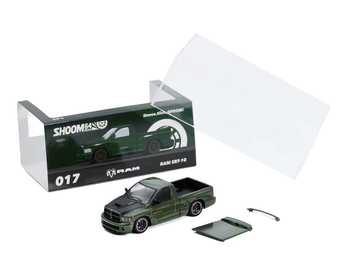 2003 Dodge Ram SRT-10 Pickup Truck Green Metallic with Matt Black Hood 1/64 Diecast Model Car by Shoom64 Models SHOOM64