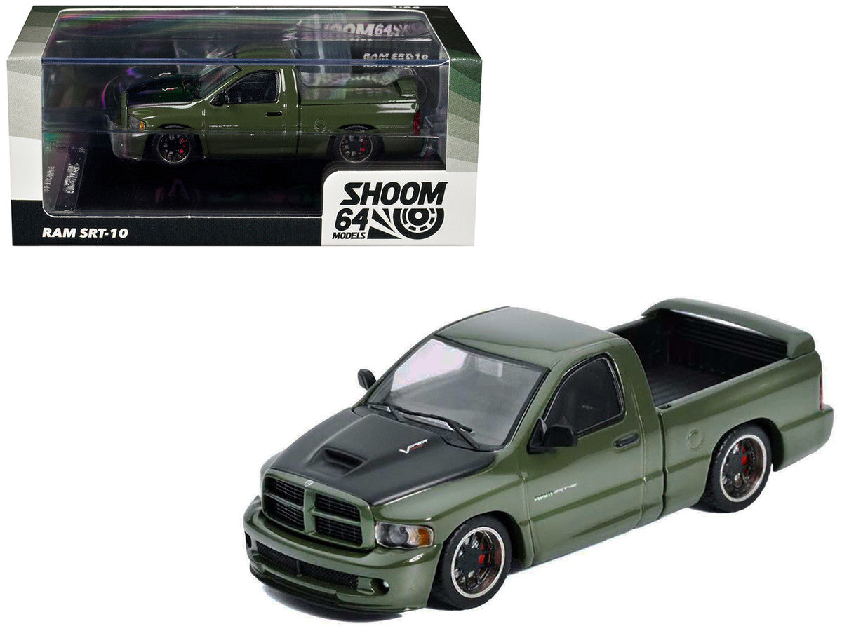 2003 Dodge Ram SRT-10 Pickup Truck Green Metallic with Matt Black Hood 1/64 Diecast Model Car by Shoom64 Models SHOOM64