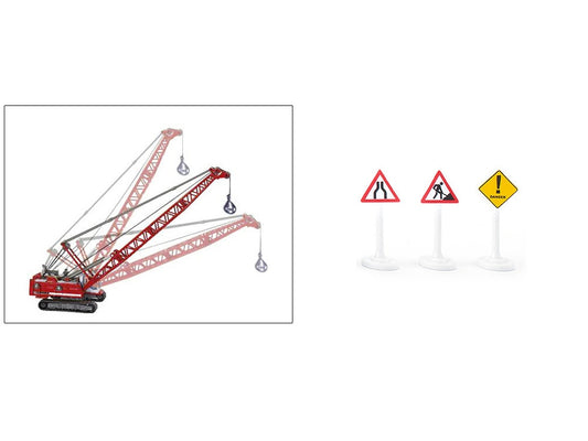 Heavy Haulage Transporter Green and Liebherr Cable Excavator Red with Wrecking Ball and Signs 1/87 (HO) Diecast Models by Siku