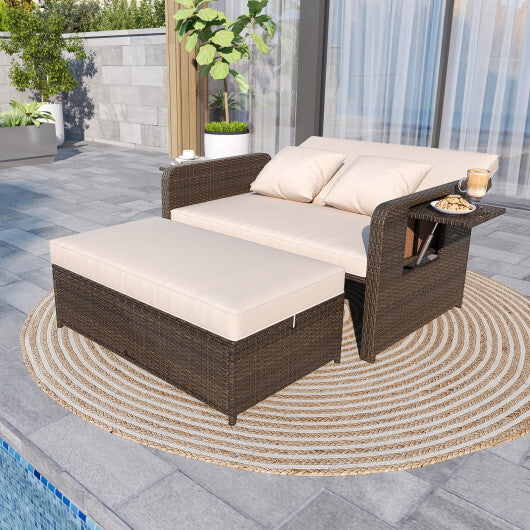 ?SMS Only?Premium Adjustable Outdoor Patio Daybed Set with Cushions and Storage Ottoman W2B