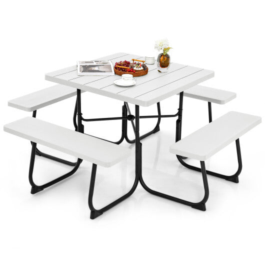 ?SMS ONLY?Outdoor Picnic Table with Umbrella Hole-White and  4 Benches-White